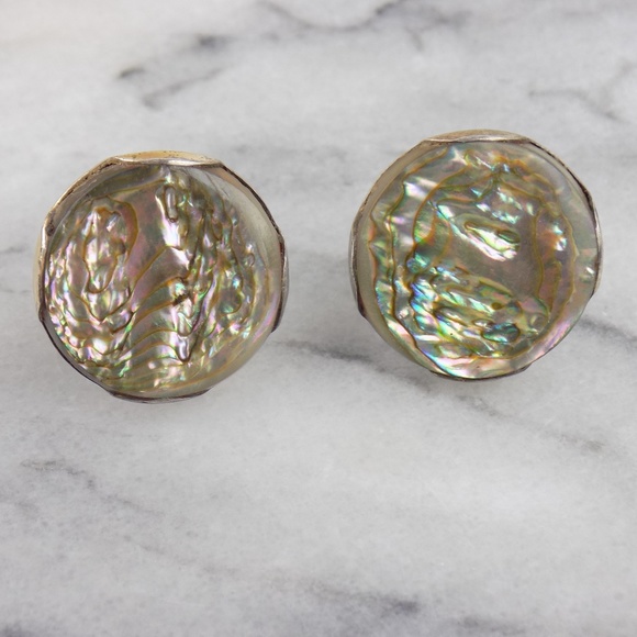 VTG Earrings Abalone Sterling Silver Screw Back - Picture 1 of 8